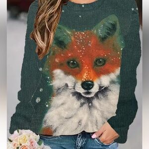 64. Knitted Fox Print Crew Neck Sweater, Casual Long Sleeve Sweater For Fall